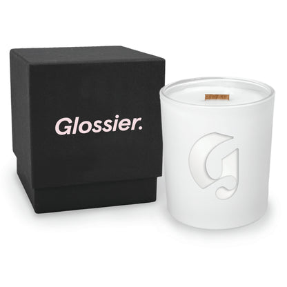 14 oz engraved luxury white soy candle with wooden wick and black gift box, 