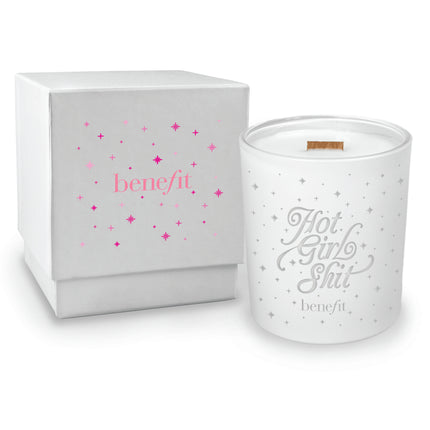 14 oz engraved luxury white soy candle with wooden wick and white gift box, lid removed showing candle