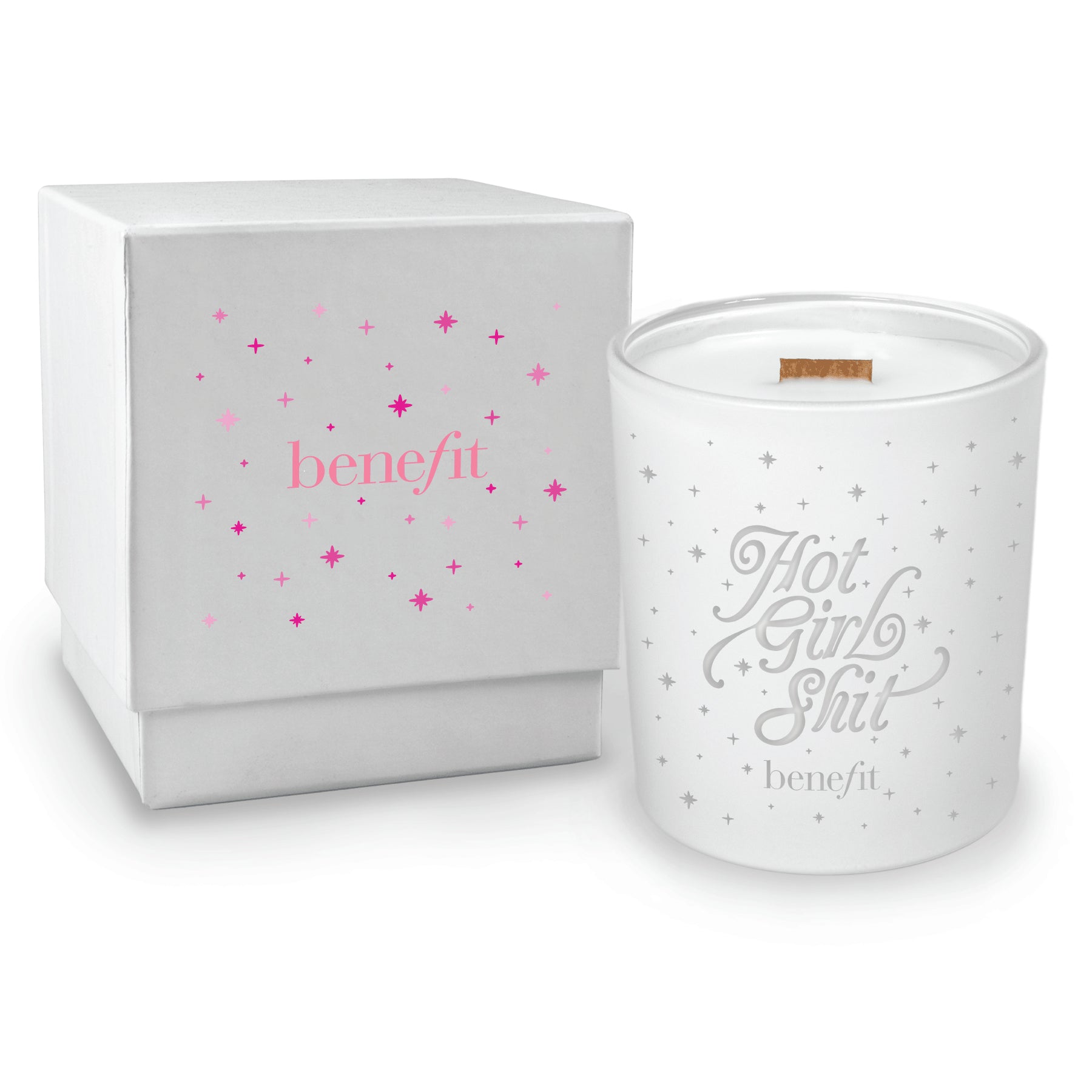 14 oz engraved luxury white soy candle with wooden wick and white gift box, lid removed showing candle
