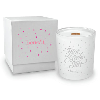 14 oz engraved luxury white soy candle with wooden wick and white gift box, lid removed showing candle
