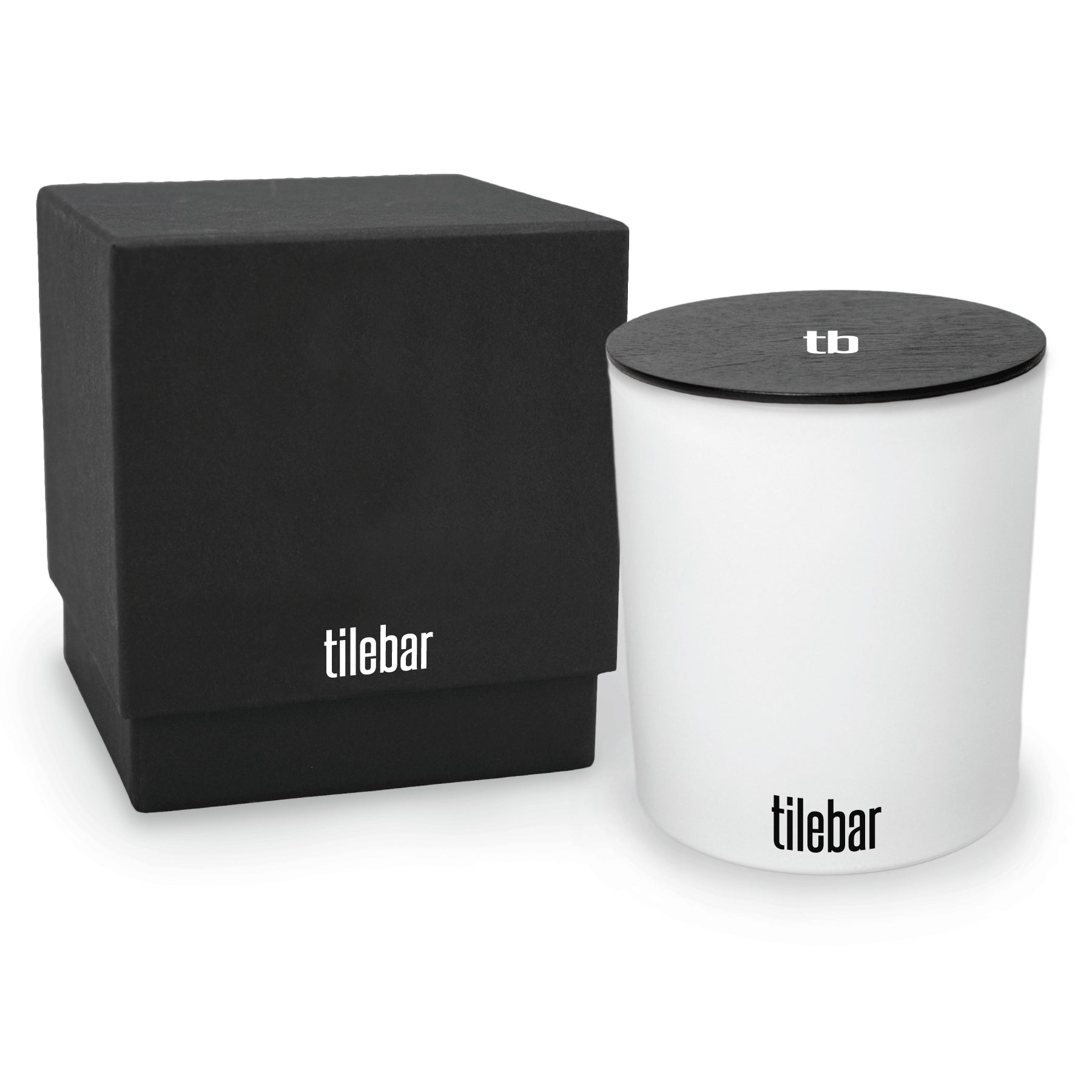 14 oz luxury white soy candle with wooden wick and Black gift box and a black wood lid, all decorated with matching black and white logos 