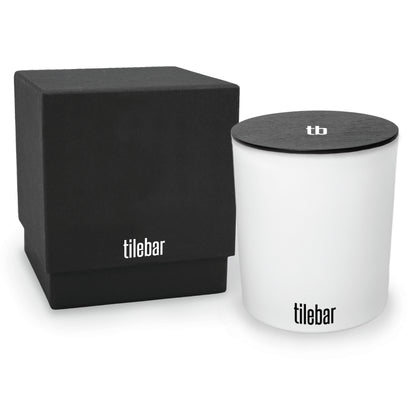 14 oz luxury white soy candle with wooden wick and Black gift box and a black wood lid, all decorated with matching black and white logos 