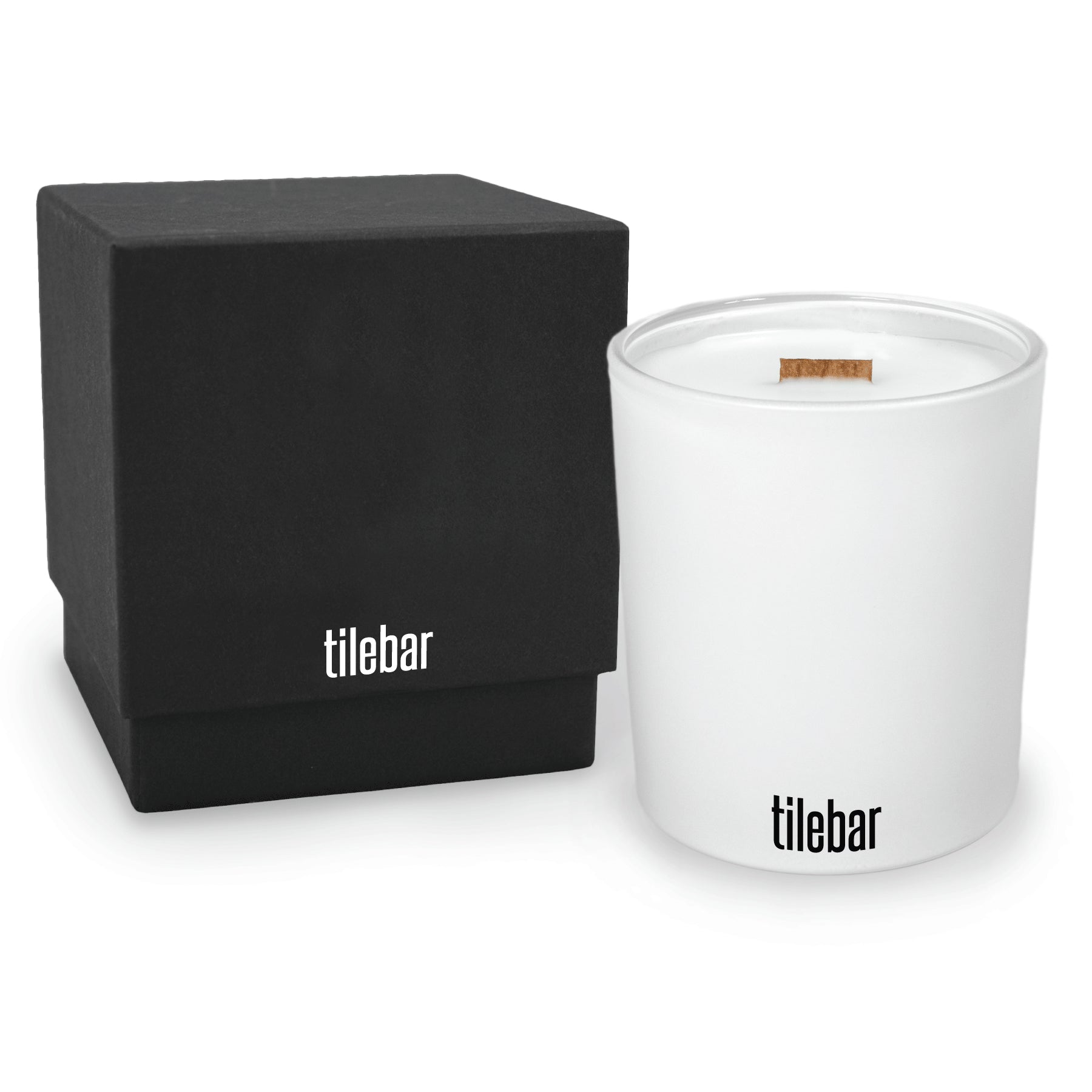 14 oz luxury white soy candle with wooden wick and Black gift box decorated with matching black and white logos 