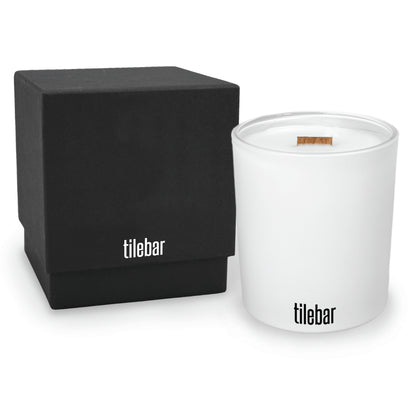 14 oz luxury white soy candle with wooden wick and Black gift box decorated with matching black and white logos 
