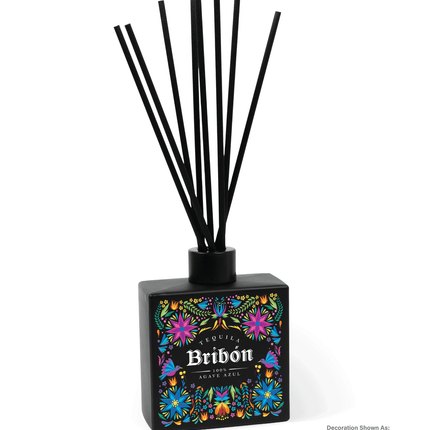 Black reed diffuser featuring colorful branding against a white background