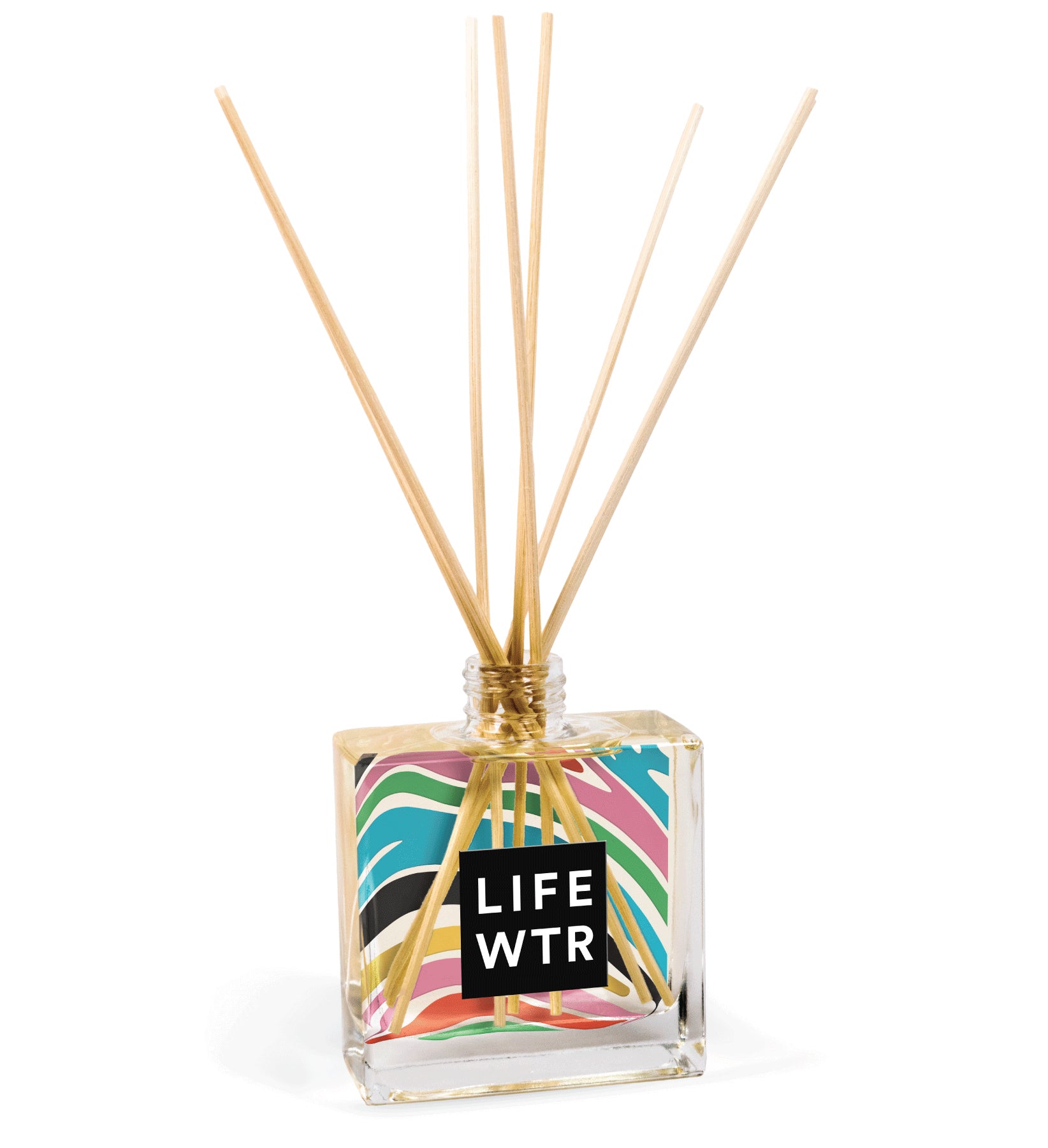 8 oz clear glass reed diffuser bottle with custom branding, showing professional quality promotional product with natural reeds