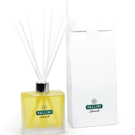Close-up view of 8 oz frosted reed diffuser showing white gift box and reed placement detail