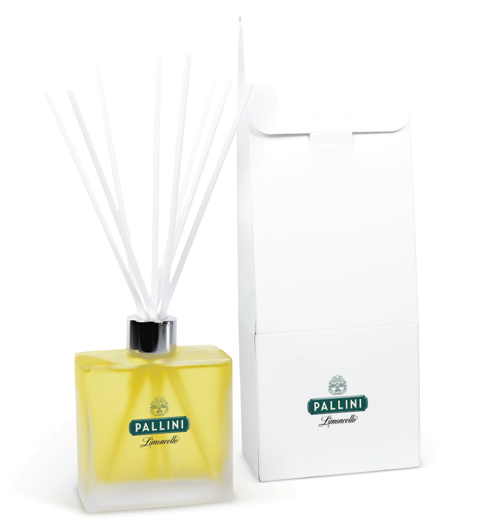 Close-up view of 8 oz frosted reed diffuser showing white gift box and reed placement detail