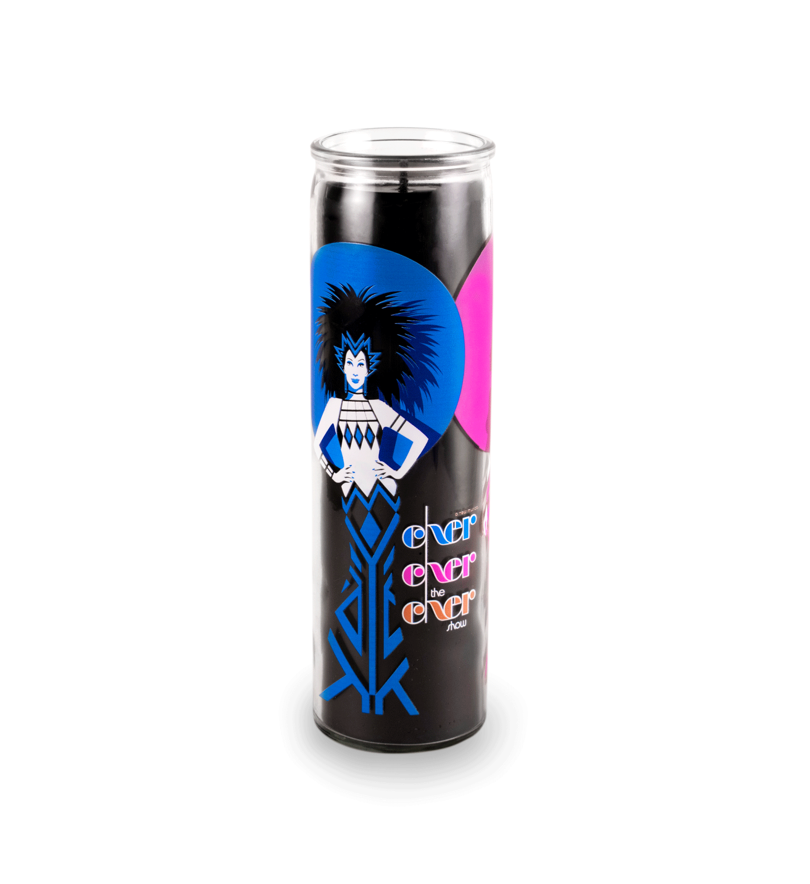 A 16 oz Prayer Candle from Custom Candles LA filled with black wax in a tall glass container. The candle is printed with an image on a woman with spiky hair and her hands on her hips in royal blue and white in front of a blue and a pink circle with the black wax showing through. Next to the woman the glass Is printed with the words "Exer exer the exer show" stacked in blue, pink, and orange. 