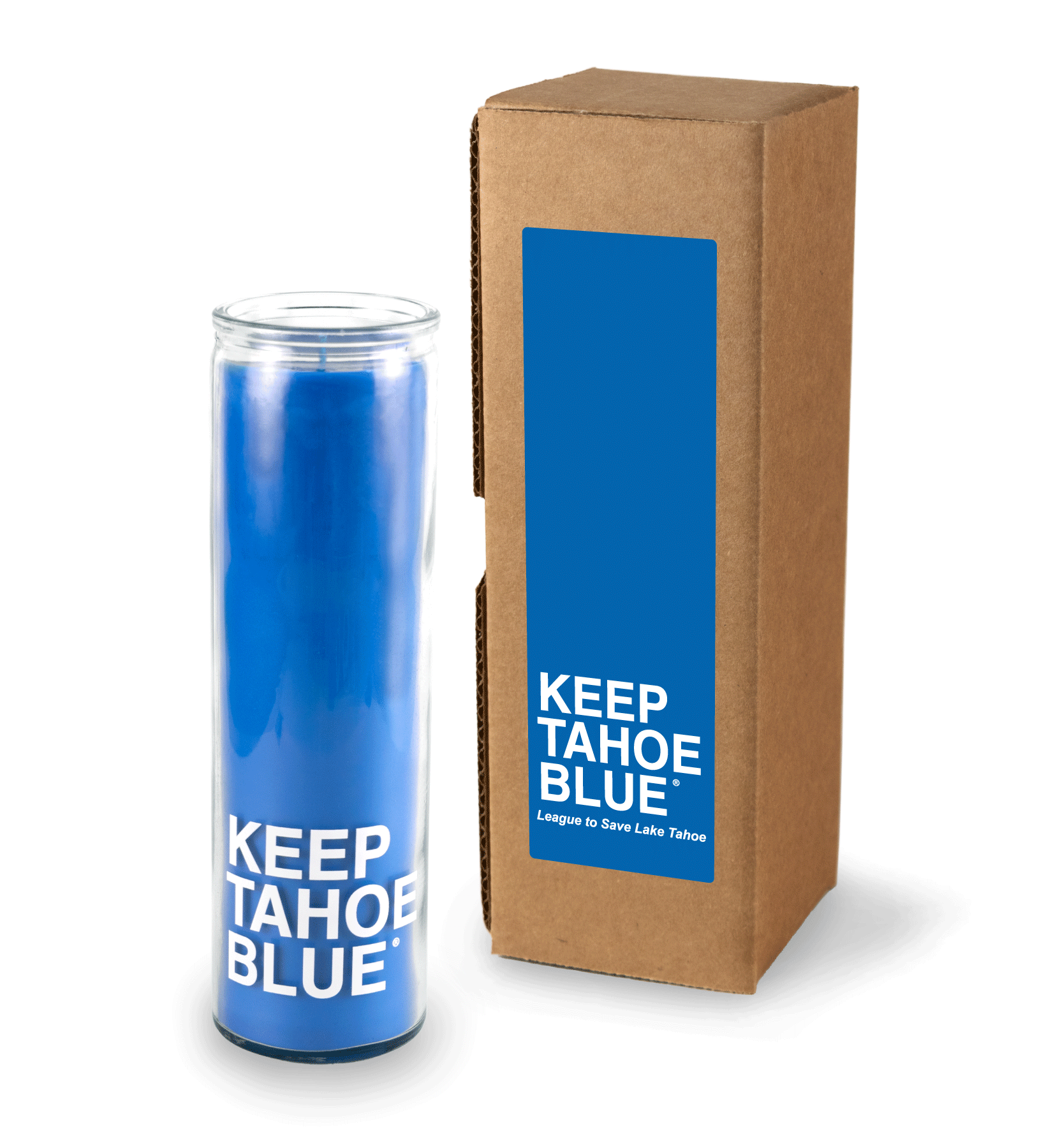 A 16 oz Prayer Candle from Custom Candles LA filled with blue wax in a tall glass container. The candle is printed with the words "KEEP TAHOE BLUE" in white letters across the bottom of the candle. To the right of the candle sits a Kraft mailer box with a sticker on the box that is printed with a blue label that reads "KEEP TAHOE BLUE League to Save Lake Tahoe"