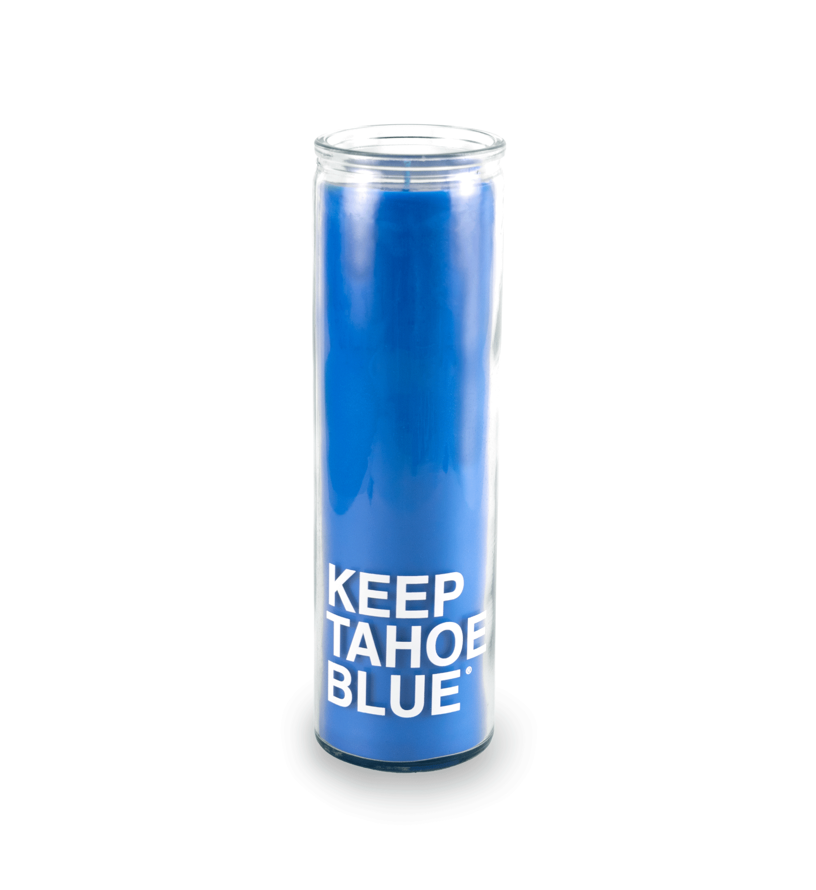 A 16 oz Prayer Candle from Custom Candles LA filled with blue wax in a tall glass container. The candle is printed with the words "KEEP TAHOE BLUE" in white letters across the bottom of the candle.
