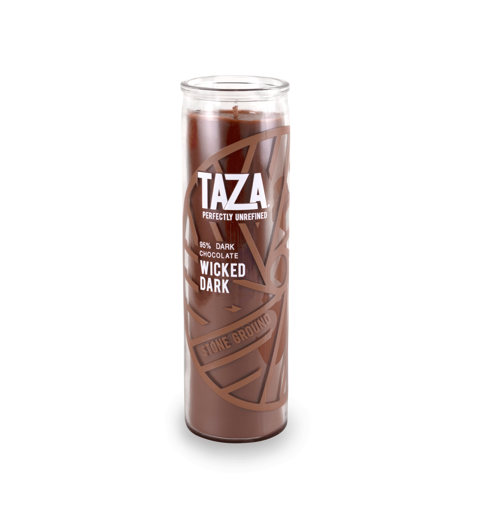 A 16 oz Prayer Candle from Custom Candles LA filled with brown wax in a tall glass container. The candle is printed with a logo that reads "TAZA Perfectly Unrefined" in white and "95% Dark Chocolate Wicked Dark" printed underneath it, with a brown circle that includes lines printed in brown along with "Stone Ground" behind the logo. The brown wax shows through the image.