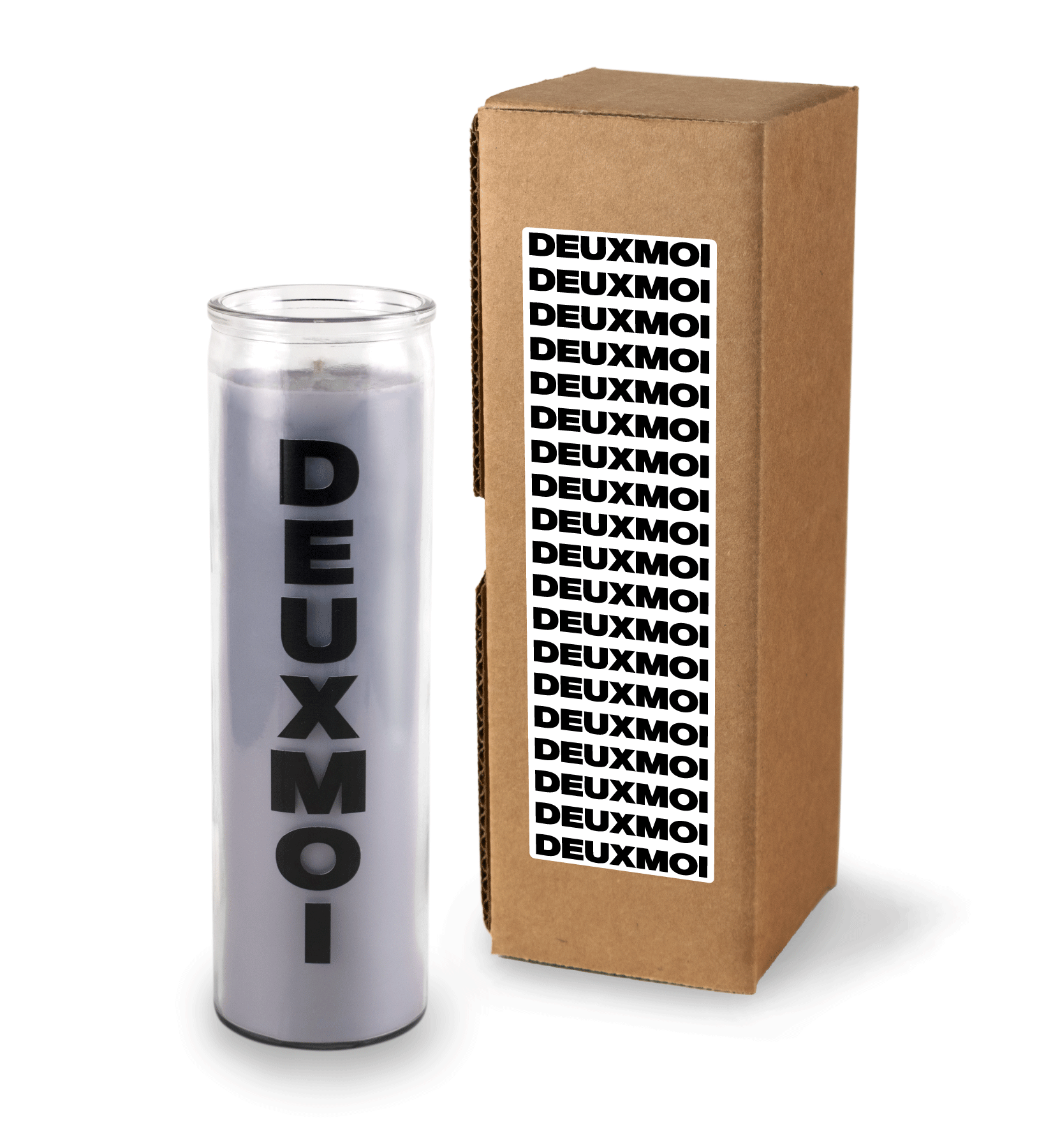 A 16 oz Prayer Candle from Custom Candles LA filled with gray wax in a tall glass container. The candle is printed with a logo that reads "DEUXMOI" in bold black letters that are stacked vertically down the front of the glass. To the right of the candle sits a Kraft mailer box with a sticker on the box that is printed with "DEUXMOI" in bold black letters that repeats itself in a stacking pattern  on a white background. 
