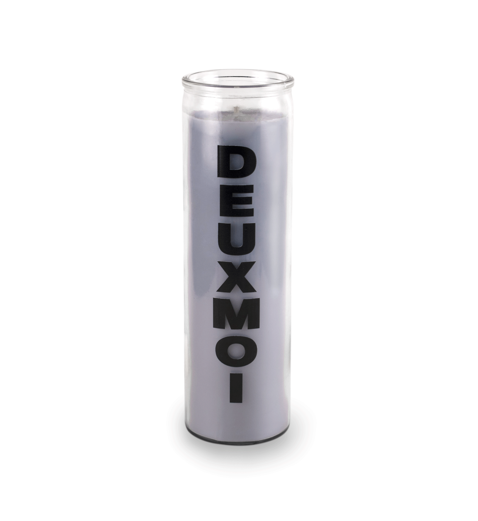 A 16 oz Prayer Candle from Custom Candles LA filled with gray wax in a tall glass container. The candle is printed with a logo that reads "DEUXMOI" in bold black letters that are stacked vertically down the front of the glass.