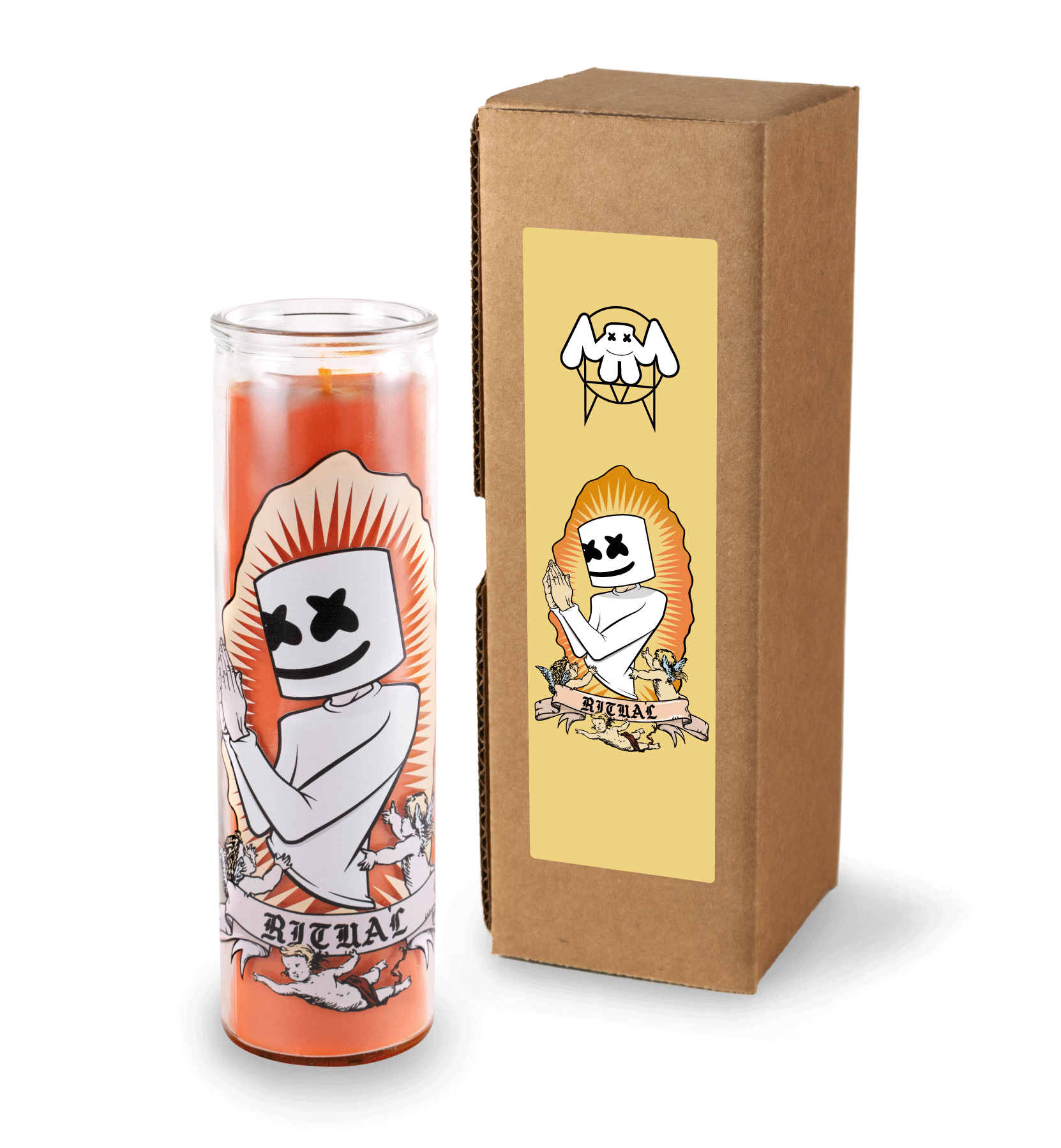 A 16 oz Prayer Candle from Custom Candles LA filled with orange wax in a tall glass container. The candle is printed with an image of a person praying. The head of the person is marshmallow shaped with black Xs as eyes and a smile. Below the person sits a banner reading "RITUAL" surrounded by 3 cherubs. There's  a spikey border around the artwork and the orange wax shows through. To the right of the candle sits a Kraft mailer box with a sticker that has a the same artwork on a yellow background.