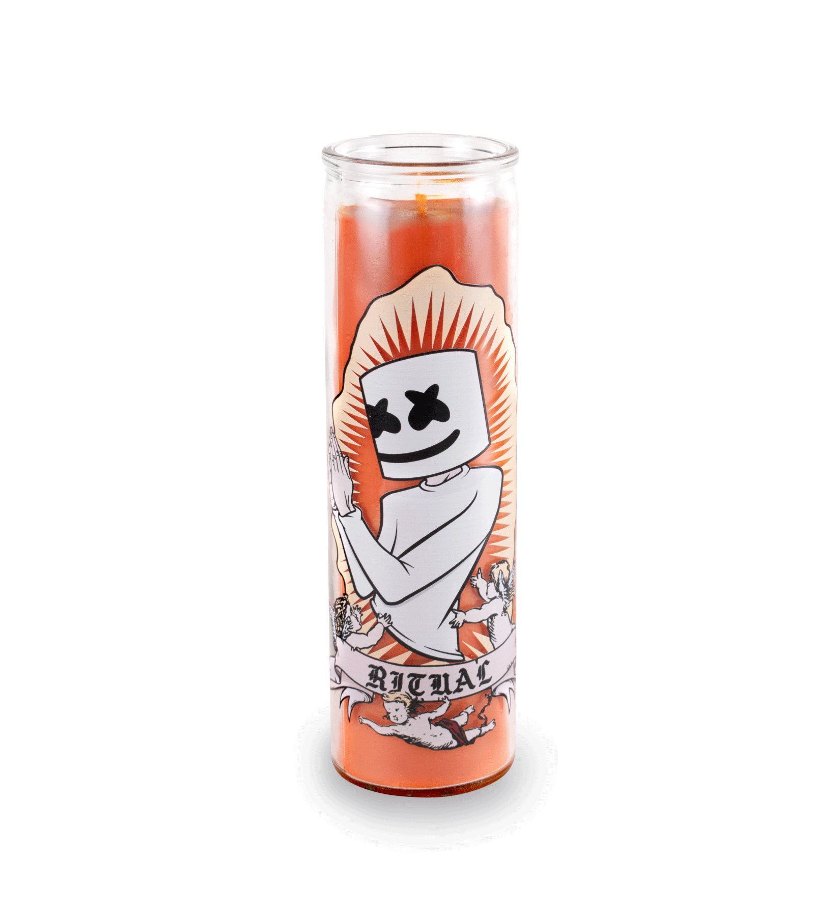 A 16 oz Prayer Candle from Custom Candles LA filled with orange wax in a tall glass container. The candle is printed with an image of a person praying. The head of the person is marshmallow shaped with black Xs as eyes and a smile. Below the person there is a banner that reads "RITUAL" and the person is surrounded by three cherubs. There is a spikey border around the artwork and the orange wax shows through. 