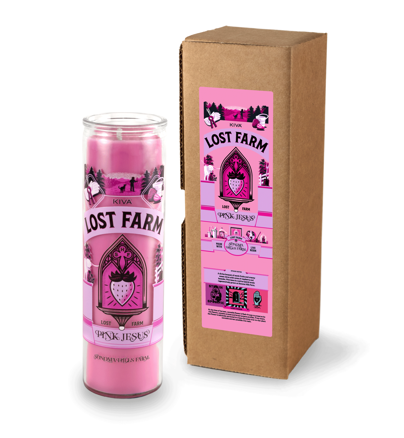 A 16 oz Prayer Candle from Custom Candles LA filled with pink wax in a tall glass container. The candle is printed with a logo that reads "KIVA LOST FARM PINK JESUS" in black. Printed in various pinks and black is imagery of a strawberry in a church like window surrounded by the logo and a silhouette of a farm. The pink wax shows through the imagery.  To the right of the candle sits a Kraft mailer box with a sticker that has a the same artwork printed on it with a pink background.