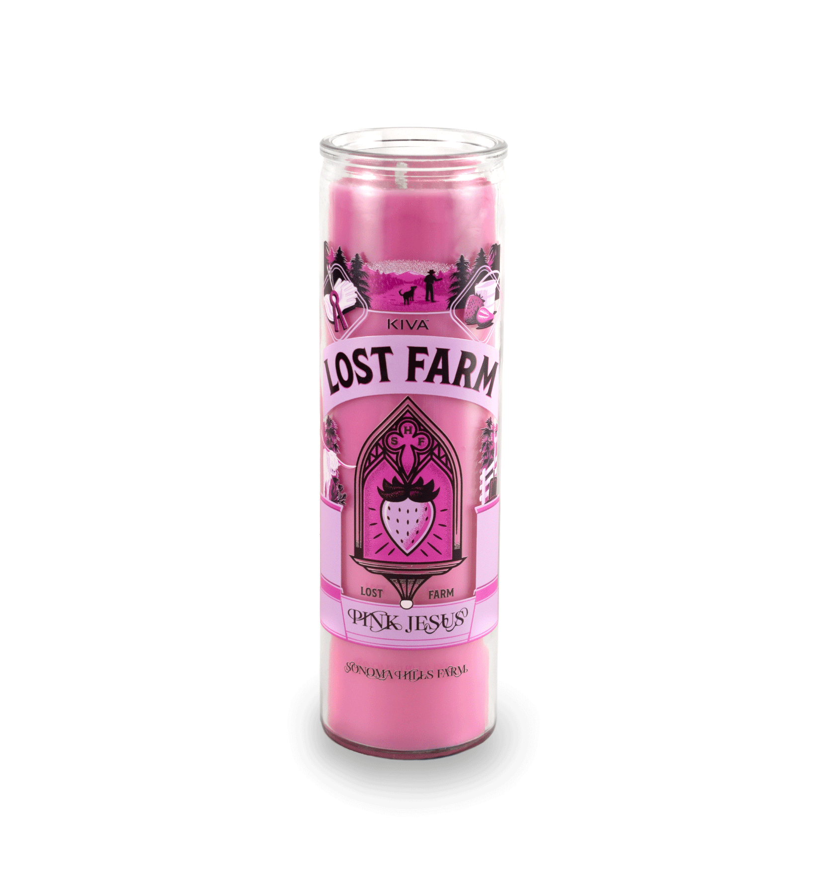 A 16 oz Prayer Candle from Custom Candles LA filled with pink wax in a tall glass container. The candle is printed with a logo that reads "KIVA LOST FARM PINK JESUS" in black. Printed in various pinks and black is imagery of a strawberry in a church like window surrounded by the logo and a silhouette of a farm. The pink wax shows through the imagery. 