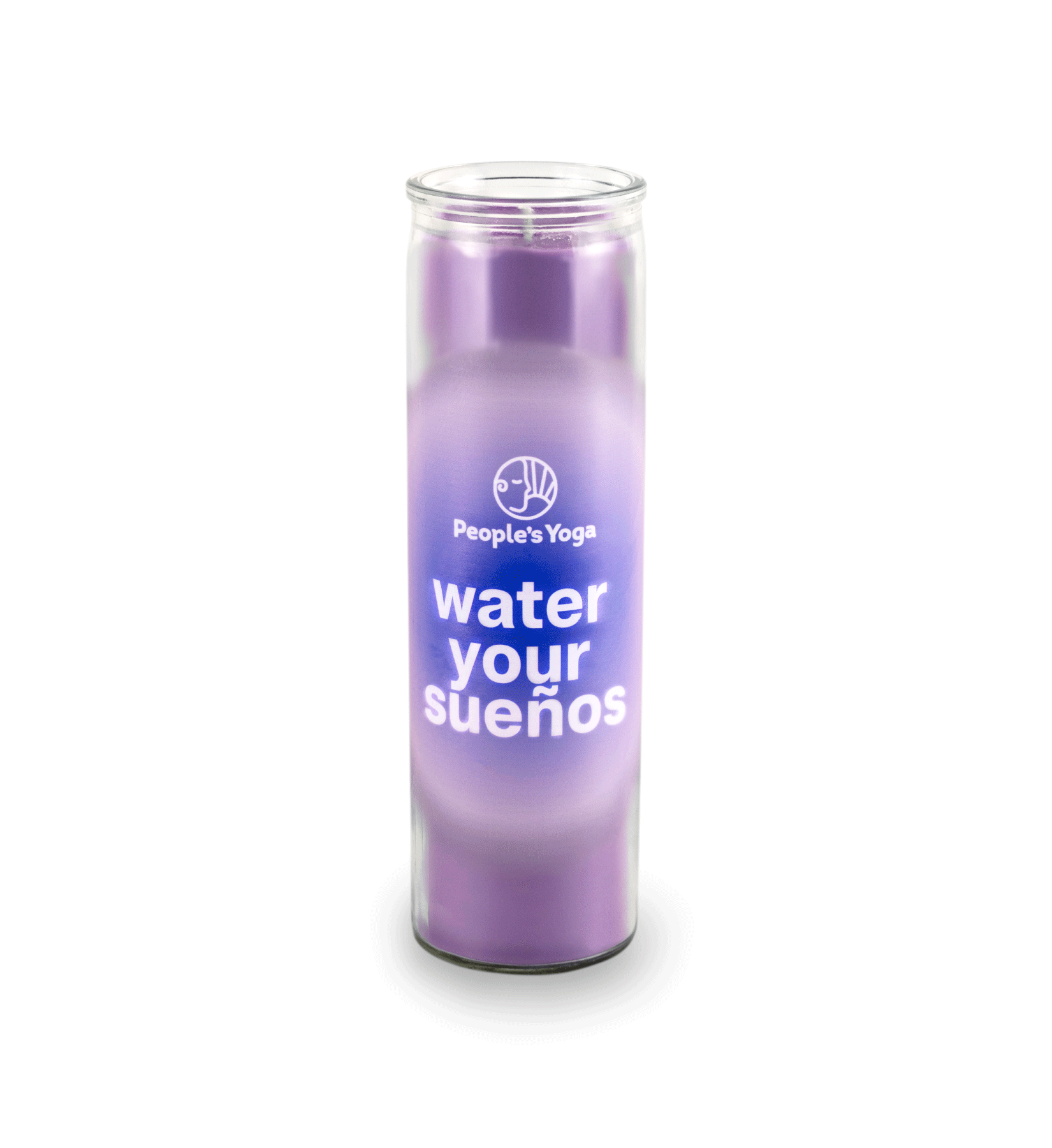 A 16 oz Prayer Candle from Custom Candles LA filled with purple wax in a tall glass container. The candle is printed with a white "People's Yoga" logo and underneath it reads "water your suenos" in white. Behind the letters is a blue circle and fades into a lighter purple color. You can see the purple wax through the glass.