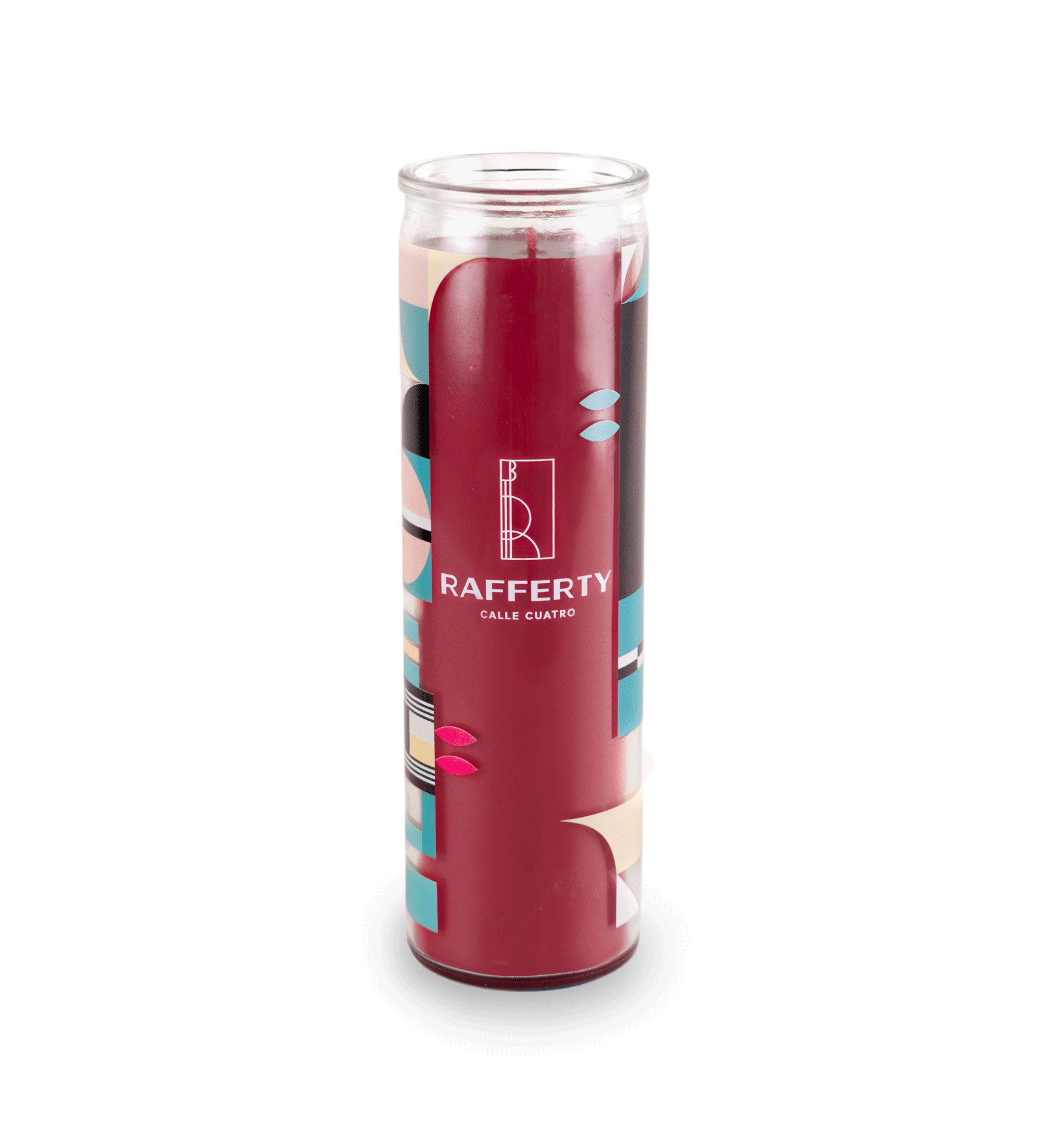 A 16 oz Prayer Candle from Custom Candles LA filled with red wax in a tall glass container. The candle is printed with a white "RAFFERTY CALLE CUATRO" Logo. surrounding the logo is a pattern of various shapes in black teal, bright pink, pale yellow and peach. The red wax shows through behind the logo.
