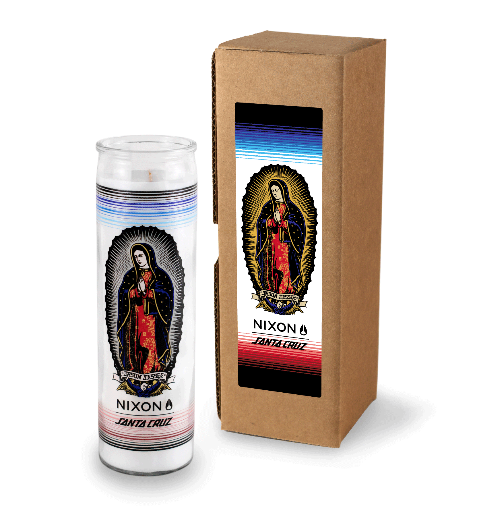A 16 oz Prayer Candle from Custom Candles LA filled with white wax in a tall glass container. The candle is printed with a colorful image of a saint named "JASON JESSEE". Beneath the saint is a logo that reads "NIXON SANTA CRUZ" printed in black. Behind the saint imagery are horizontal lines surrounding the candle in black, blues, and reds. The white wax shows through the glass. To the right of the candle sits a Kraft mailer box with a sticker that has the same artwork printed on it with a white background.