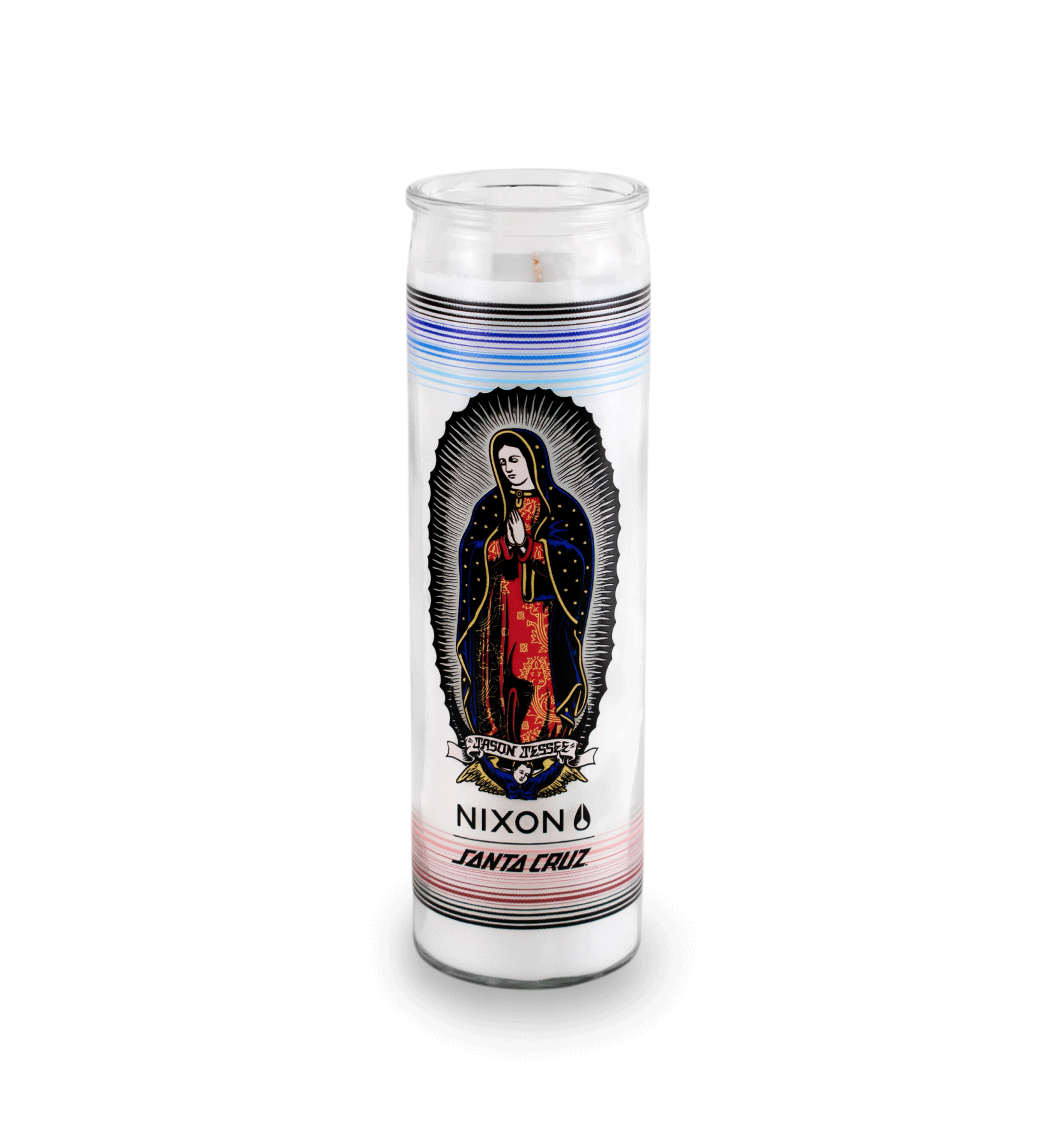 A 16 oz Prayer Candle from Custom Candles LA filled with white wax in a tall glass container. The candle is printed with a colorful image of a saint named "JASON JESSEE". Beneath the saint is a logo that reads "NIXON SANTA CRUZ" printed in black. Behind the saint imagery are horizontal lines surrounding the candle in black, blues, and reds. The white wax shows through the glass.
