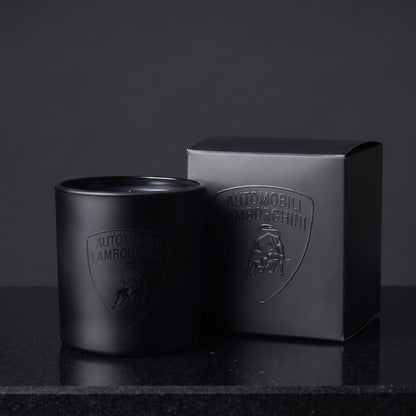 Custom printed 9 oz matte black candle with a tone-on-tone gloss black logo and matching branded gift box, made in Los Angeles by Custom Candles LA