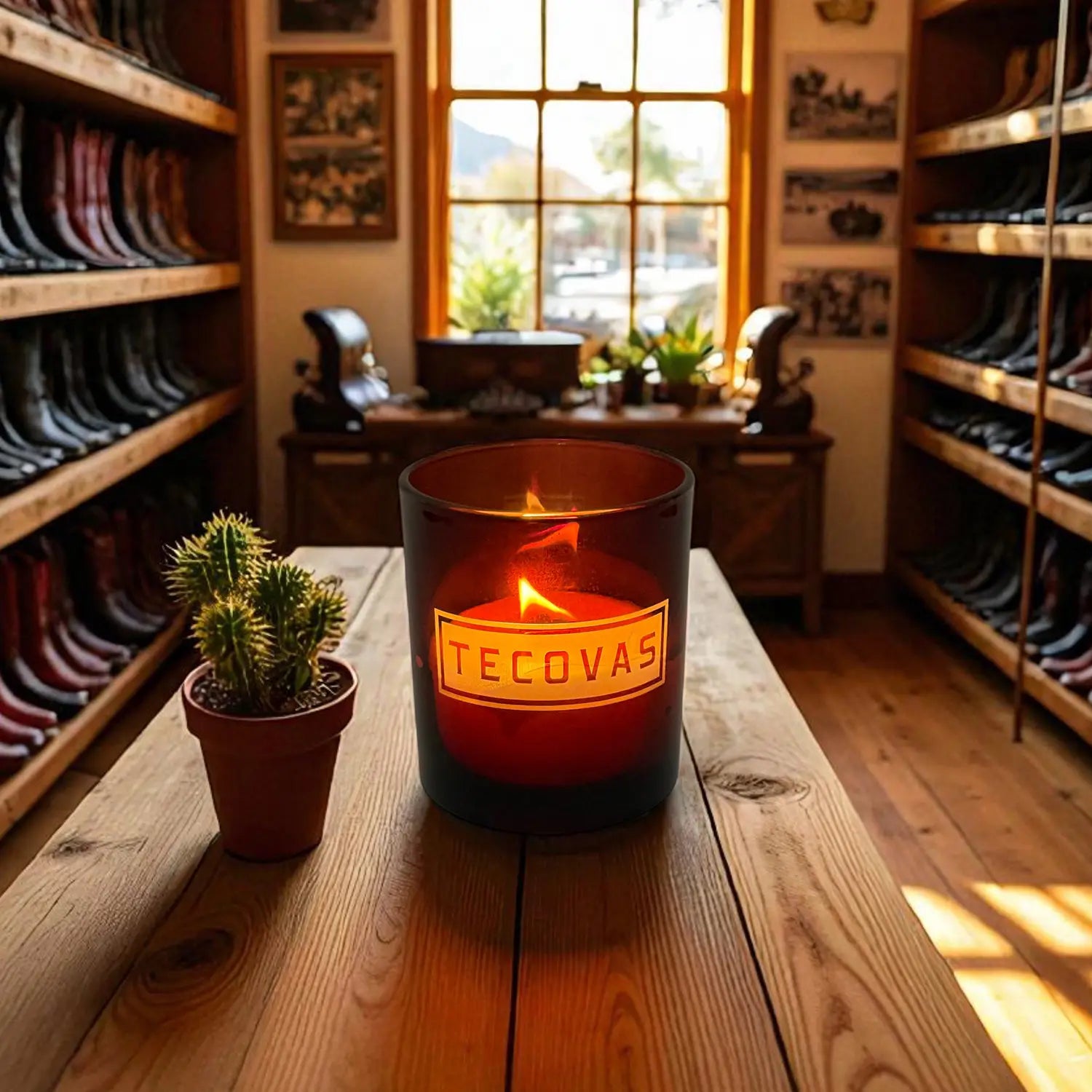 Engraved branding on an amber candle  on a wooden table in a store with boots and plants.