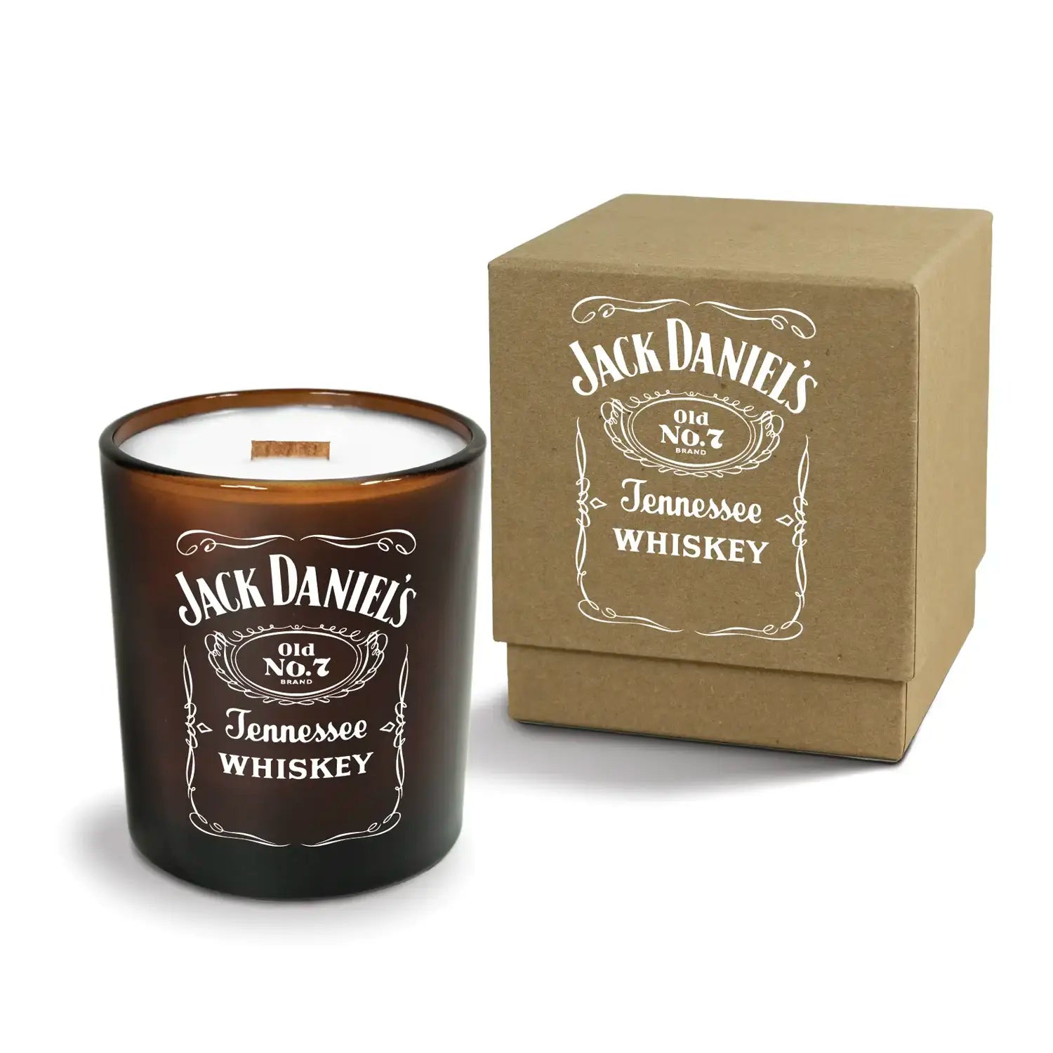 Luxury engraved candle with branding next to a box on a white background