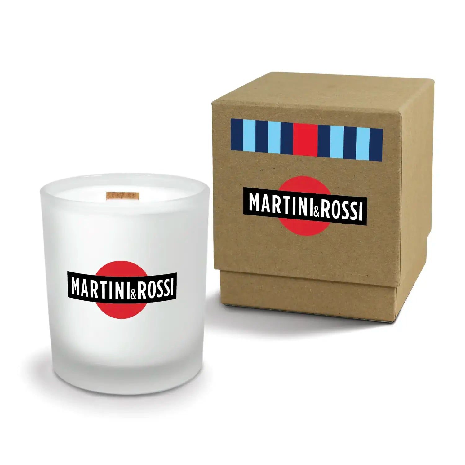 Luxury engraved candle with branding next to a box on a white background