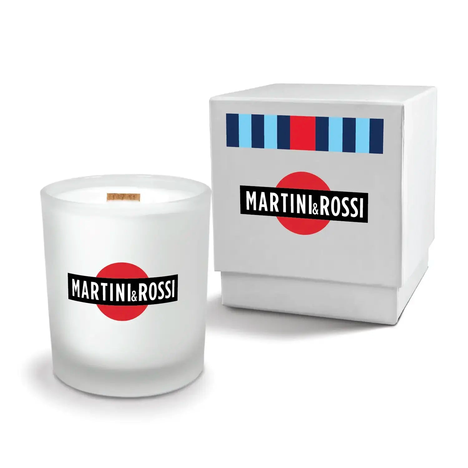 Luxury engraved candle with branding next to a box on a white background