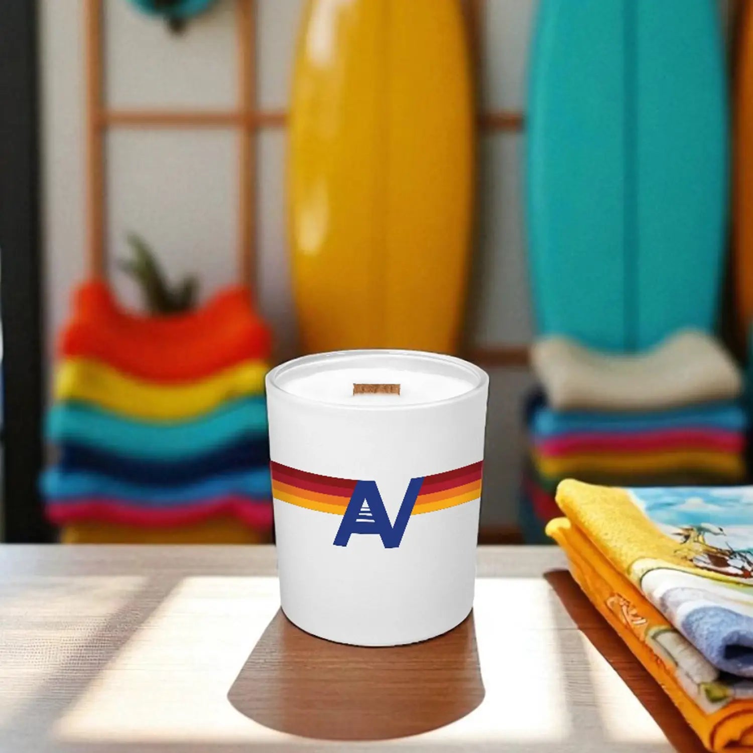 White candle with colorful logo on a wooden surface, with surfboards and towels in the background.