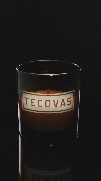 Glossy Amber 9 oz. Classic Engraved Candle burning.