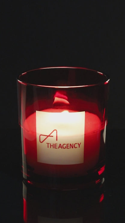 Red 14 oz. Luxury Engraved Candle burning.
