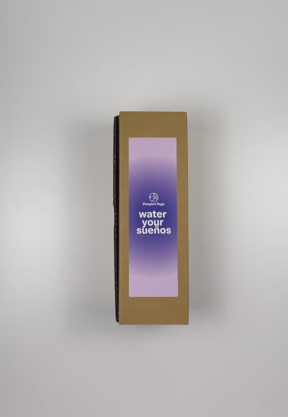 Load video: An unboxing video of the 16 oz Prayer Candle from Custom Candles LA filled with purple wax that comes in a Kraft mailer box with a diffused purple sticker label of logo artwork. The candle is printed with a white &quot;People&#39;s Yoga&quot; logo and underneath it reads &quot;water your suenos&quot; in white. Behind the letters is a blue circle and fades into a lighter purple color. You can see the purple wax through the glass.