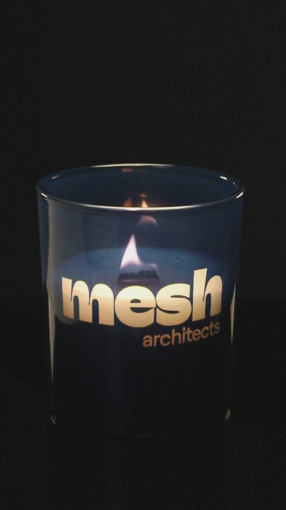 Blue 14 oz. Luxury Engraved Candle burning.