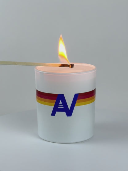 White Luxury Printed Candle being lit product shot.