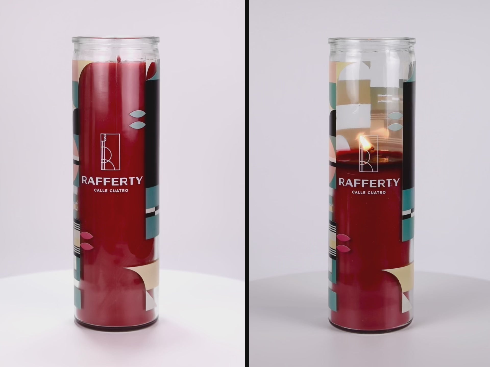 Load video: Two 16 oz Prayer Candles from Custom Candles LA filled with red wax in a tall glass container spinning side by side. The candles are printed with a white &quot;RAFFERTY CALLE CUATRO&quot; Logo. surrounding the logo is a pattern of various shapes in black teal, bright pink, pale yellow and peach. The red wax shows through behind the logo.