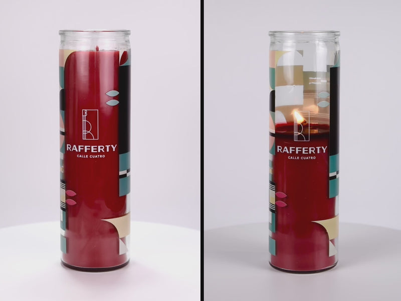 Two 16 oz Prayer Candles from Custom Candles LA filled with red wax in a tall glass container spinning side by side. The candles are printed with a white "RAFFERTY CALLE CUATRO" Logo. surrounding the logo is a pattern of various shapes in black teal, bright pink, pale yellow and peach. The red wax shows through behind the logo.