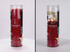 Two 16 oz Prayer Candles from Custom Candles LA filled with red wax in a tall glass container spinning side by side. The candles are printed with a white "RAFFERTY CALLE CUATRO" Logo. surrounding the logo is a pattern of various shapes in black teal, bright pink, pale yellow and peach. The red wax shows through behind the logo.