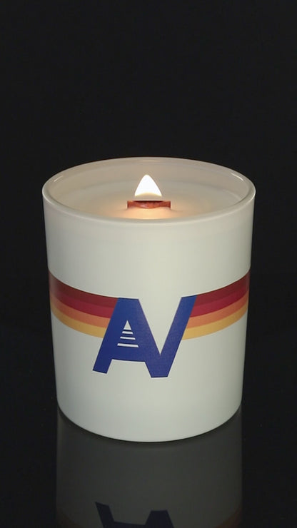 Matte White 14 oz. Luxury Printed Candle burning.