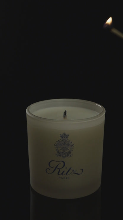 Ivory 9 oz. Classic Printed Candle burning.