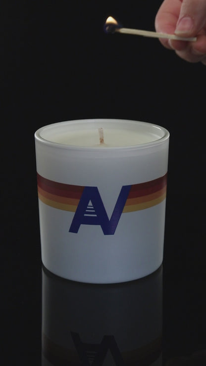 Matte White 9 oz. Classic Printed Candle burning.