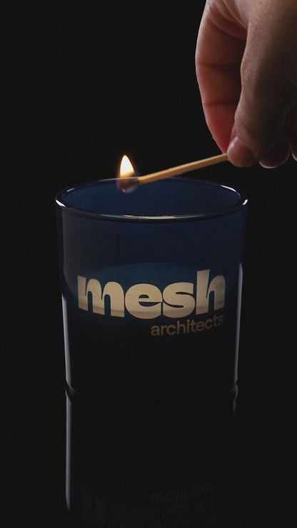 Blue 9 oz. Classic Engraved Candle burning.