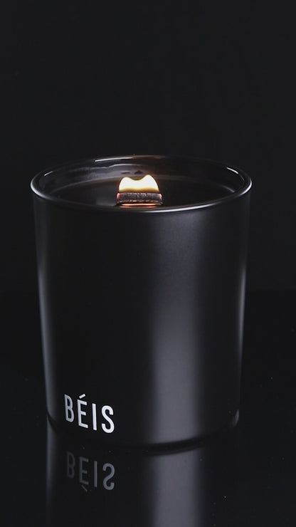Matte Black 14 oz. Luxury Printed Candle burning.