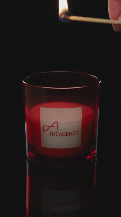 Red 9 oz. Classic Engraved Candle burning.