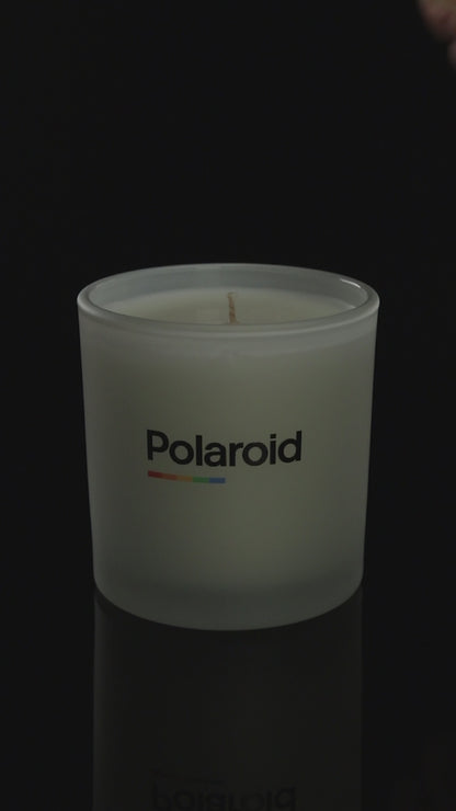Satin Frosted 9 oz. Classic Printed Candle burning.