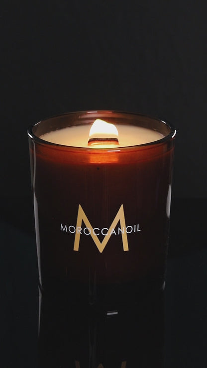 Glossy Amber 14 oz. Luxury Printed Candle burning.