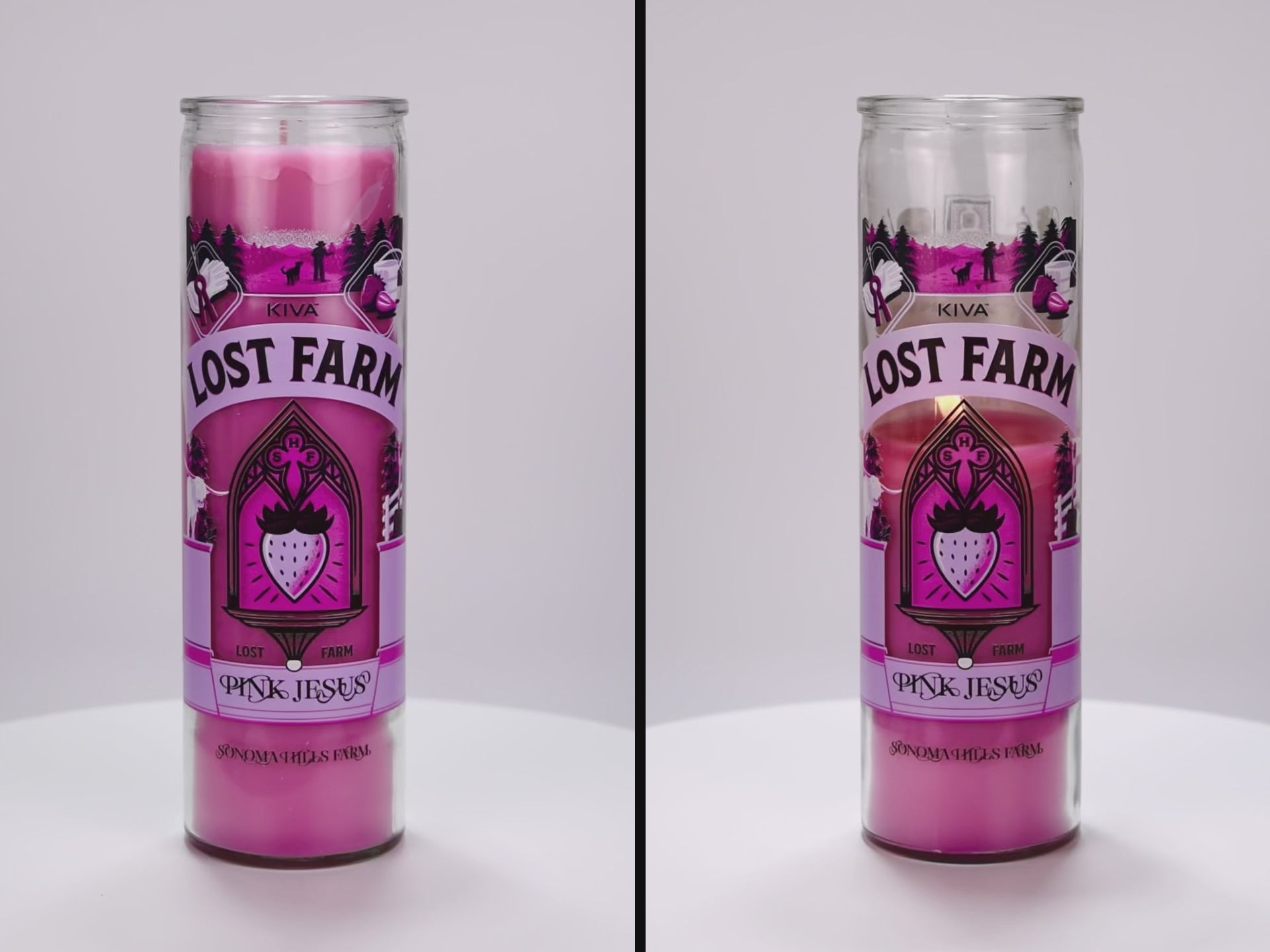 Load video: Two 16 oz Prayer Candles from Custom Candles LA filled with pink wax in a tall glass container spinning side by side. The candles are printed with a logo that reads &quot;KIVA LOST FARM PINK JESUS&quot; in black. Printed in various pinks and black is imagery of a strawberry in a church like window surrounded by the logo and a silhouette of a farm. The pink wax shows through the imagery. 