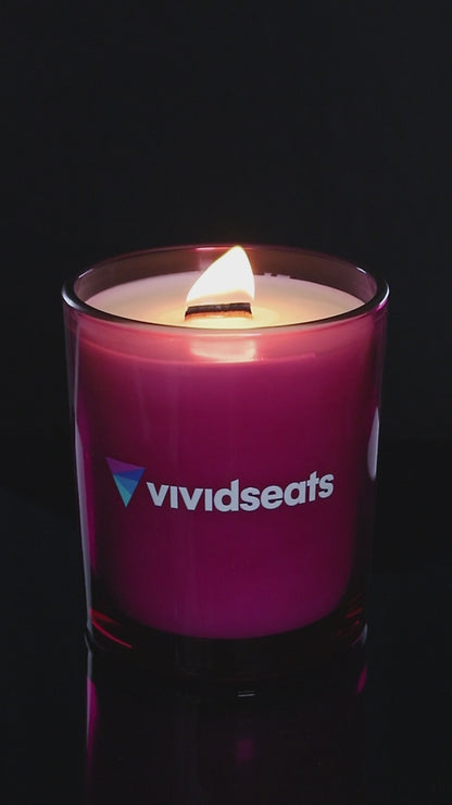 Purple 14 oz. Luxury Printed Candle burning.